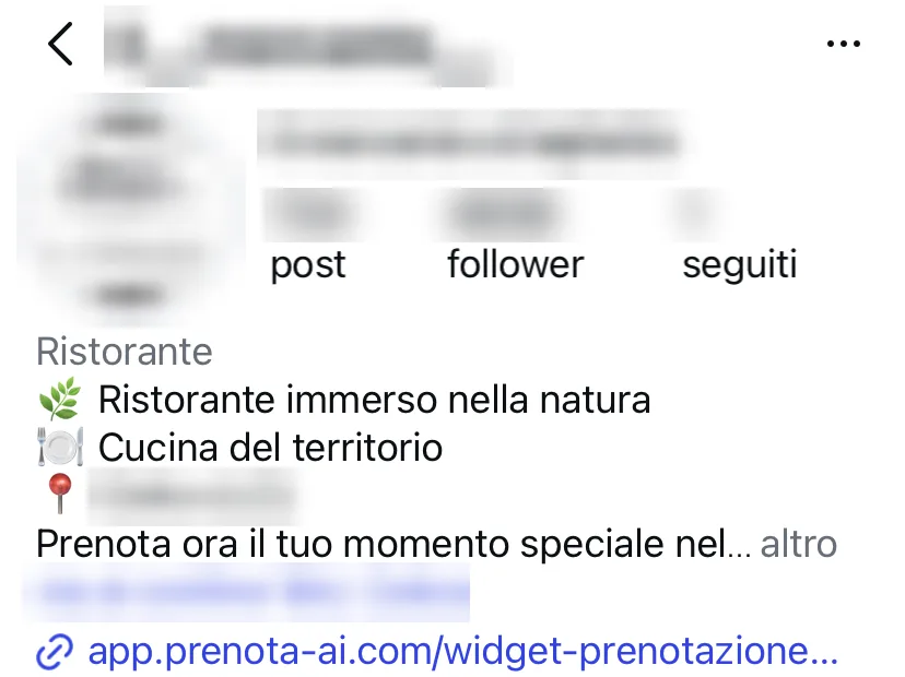 Bio Instagram del ristorante dopo, link diretto al widget di prenotazione