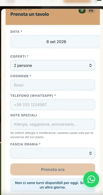 Widget di prenotazione reale sul sito del ristorante