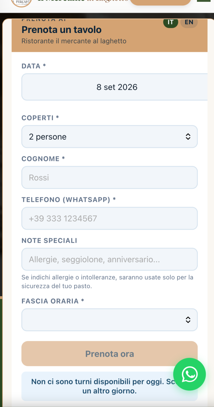 Widget di prenotazione reale sul sito de Il Mercante