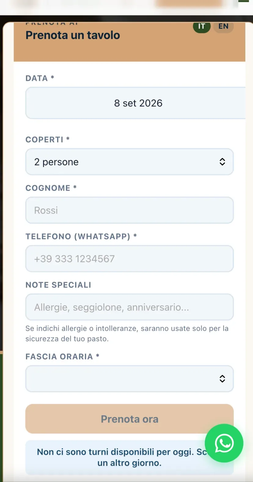 Widget di prenotazione reale in funzione sul sito del ristorante, 8 settembre 2026