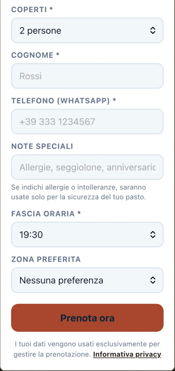 Widget di prenotazione: scelta della fascia oraria e della zona preferita, pulsante Prenota ora